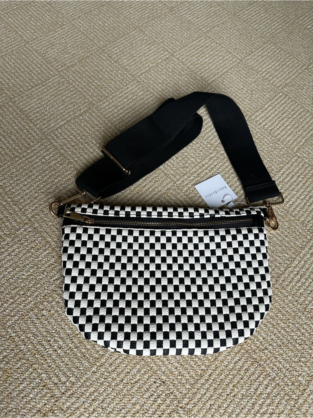 Black & White Checkered Crossbody Bag with Wide Strap